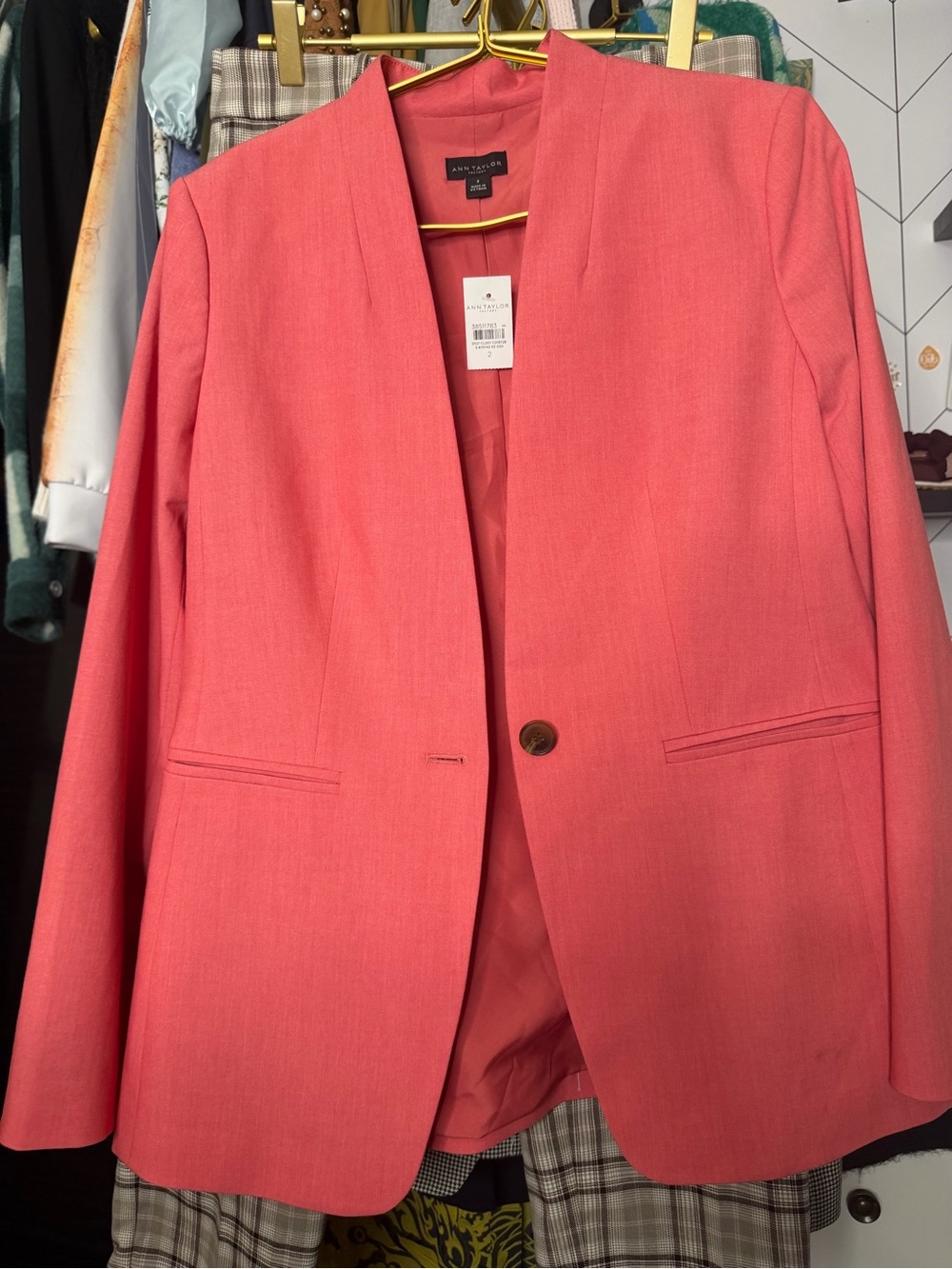 NWT ANN TAYLOR The Long Collarless Blazer IN PINK